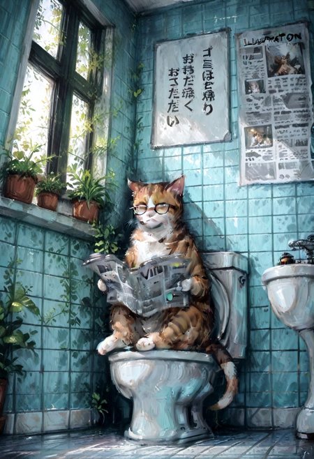 masterpiece, best quality, illustration, oil painting, no-human, detailed, cat sitting on a toilet, with glasses, reading the newspaper, in a bathroom, vivid colors, front-view, serious, plants, window, wide view, aesthetic,