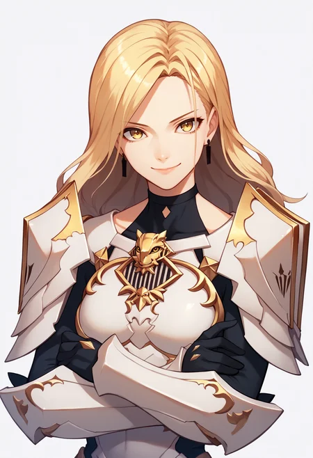score_9, score_8_up, score_7_up, score_6_up, score_5_up, score_4_up, BREAK,
1girl, kisara, blonde hair, long hair, yellow eyes, armor, bodysuit, crossed arms, earrings, gloves,looking at viewer, shoulder armor,
upper body, smile, looking at viewer, solo, simple background, white background  <lora:KisaraXL:1>
