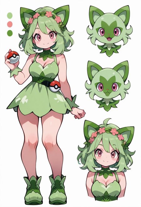 CharacterDesignIllustrious, reference sheet, simple white background, color guide, (multiple views), (full body), dynamic pose,
,,,
cute girl, 
,,,
sprigatito companion, green hair, floral headband, cute expression, soft green outfit, pokeball on belt, leafy background, playful look
,,,
1 pokemon in background,
pokemon trainer outfit, focused look, cleavage, holding pokeball, looking at viewer, smile,