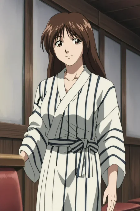 score_9, best, masterpiece, uncensored,
indoors,
1girl, solo, 1990s (style), retro artstyle, official style, smile,
ShinjinTourConductorLonghairGirl,
vertical-striped yukata,
<lora:ShinjinTourConductorLonghairGirl:0.8>​​​