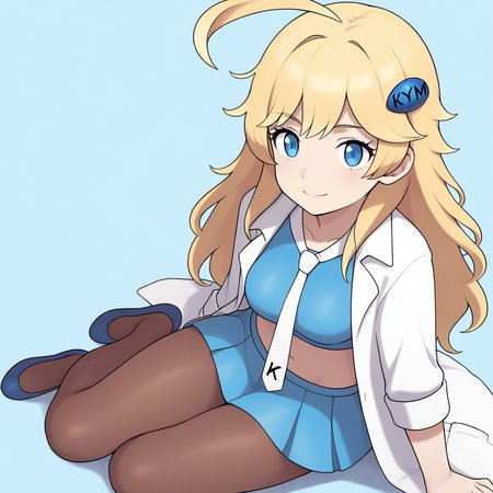 2d, masterpiece, best quality, amazing quality, highres, absurdres, newest, 1girl, solo, sitting, yokozuwari, from above, dutch angle, looking at viewer, simple background, gradient background, white background, blue background, medium breasts, clkymmi, blonde hair, long hair, bangs, hair ornament, ahoge, blue eyes, blue crop top, white necktie, labcoat, open coat, three-quarter sleeves, sleeves rolled up, midriff, pleated skirt, blue skirt, miniskirt, brown pantyhose, flats, blue footwear