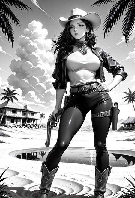 Smooth Quality, manga, cover art, (monochrome), greyscale, (musashino sekai:1.5), 1girl, solo, cowboy clothes, shirt, open jacket, jeans, contrapposto, hand on hip, cowboy boots, cowboy hat, desert, branch, palm tree, water reflection, clouds, town in the distance, revolver, holster, trigger discipline, wind, on sand, <lora:Smooth_Booster:0.5> <lora:Smooth_Lighting_Enhancer:0.25>  <lora:All_Disney_Princess_-_Illustrious:0.2> <lora:SmoothStyle_Beta:0.7>