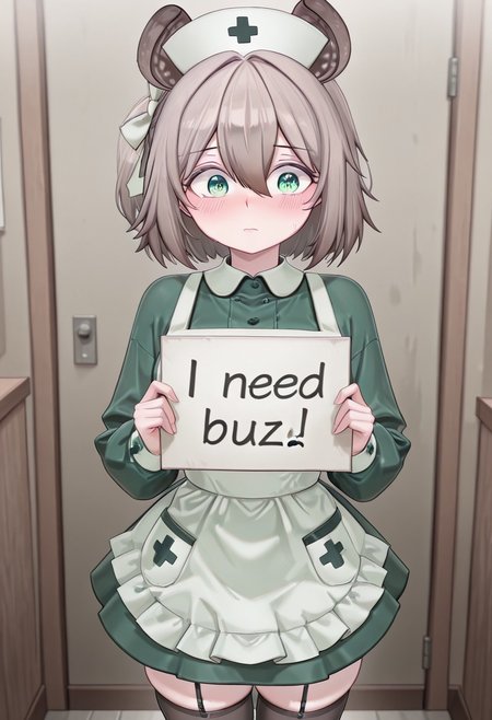 masterpiece, best quality, amazing quality, 8k,  cowboy shot, 1girl, need_buzz, holding sign, solo, Nimi_Nightmare, green eyes, nurse cap, green dress, long sleeves, hair between eyes, black footwear, brown hair, white apron,  animal ears, thighhighs,  hair bow,