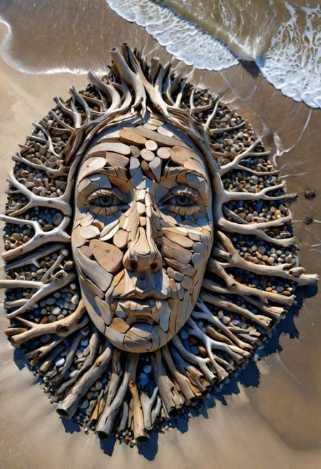 (drift wood washes up on the shore, all the tiny parts of drift wood form together to create a perfect  shape of a Driftwood Face on the shore), abstract, 3d render, strong, insanely intricate details, (masterpiece), breathtaking natures art work