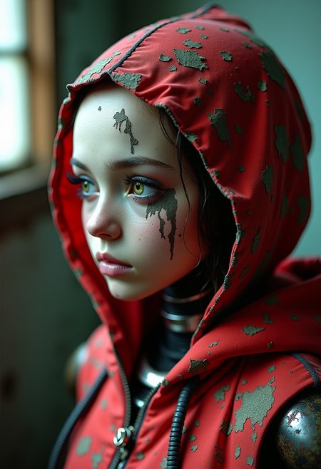 1girl, EA post apocalyptic photo of a red hooded a broken feminine humanoid robot, At night, a light shone on her, dented, scratched, flaking peeling paint, in a abandoned interior room, mossy and fungus, once pretty, An artistic photograph, closeup 50mm f/1.3, Metal threads, with some parts already rusting, A close-up shot of a real metallic mechanical gear structure photo, metal, no humans, reflection, Mecha, red