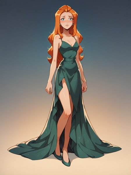 score_9, score_8_up, score_7_up, score_6_up, score_5_up,   <lora:SamTSXLP:1> samts, 1girl, long hair, solo, green eyes, orange hair, black evening gown, full body, blush