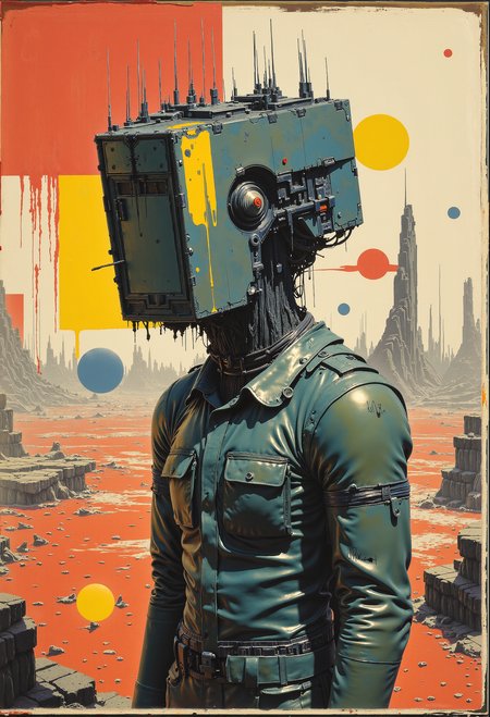 abstract style . abstract oil painting of a man with a cube for a head, his body posed in a contemplative stance. The surreal artwork blends rich, thick brushstrokes with vibrant splashes of color, creating a dreamlike atmosphere. His cube-shaped head is detailed with subtle shading, giving it a three-dimensional look, yet it remains stark and expressionless. In the background, chaotic geometric shapes float and twist in random directions, adding a sense of confusion and complexity. Bright paint splatters and smears of bold colorsâred, yellow, blueâdecorate the canvas, adding texture and energy to the scene. The overall composition evokes a sense of surrealism and abstraction, with the boundaries between the man and the background blurring in artistic, fluid motion. <lora:Risograph_Style_FLUX_by_Ethanar-000001.safetensors:1.0>,  <lora:artisketchyfs-v02.safetensors:0.25>,  <lora:artilands.safetensors:0.75>,  <lora:The Weirdies [Flux]_R.safetensors:1.0>,  <lora:Sci-fi_env_flux.safetensors:0.75>,  . non-representational, colors and shapes, expression of feelings, imaginative, highly detailed