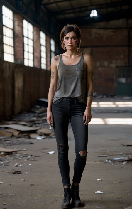 photo of ohxw, ellie, tattoo on left arm, woman, black jeans, inside abandoned warehouse, full body, skinny, short hair, face details, low key lighting, <lora:2ellie-000003:1>