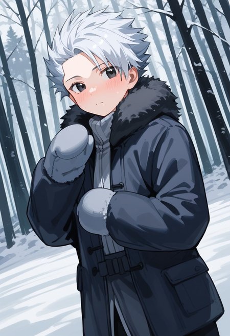 score_9, score_8_up, score_7_up, source_anime, rating_safe, LeonFT, grey Leon hair, black eyes, 1boy, male focus, fur coat, mittens, winter clothes, nose snot, blush lines, hands with five fingers, blurry outdoor forest, snow, tundra forest, cropped legs, dutch angle, realistic shading, cute wallpaper