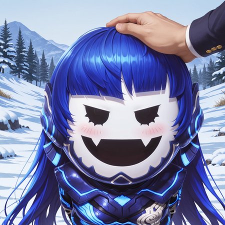 uncensored, masterpiece, best quality, highly detailed, realistic, solo, Nahobeeho, humanoid, ambiguous gender, blue hair, very long hair, hime cut, black eyes, mob face, flesh fangs, white body, white skin, blue bodysuit, multicolored bodysuit, smile, open mouth 5 fingers, snow, detailed background, (pov hands, hand on another's head, petting, blushing, face focus, face only, close-up, disembodied hands), hands behind back