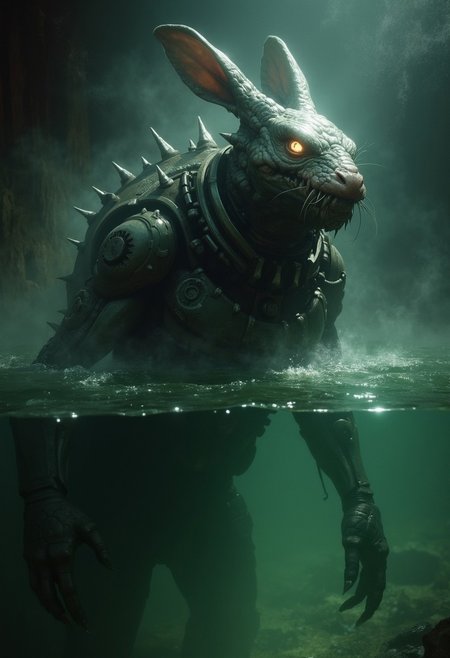 An atmospheric and powerful dark fantasy, natural organic and impressionist classical-style painting ,
Animatronic monster bunyip half submerged in water, light smoke, dim lighting mostly dark obscuring the mechanical bits as they disappear into the greenish water, VHS screen grab, nostalgic, old 80s found footage