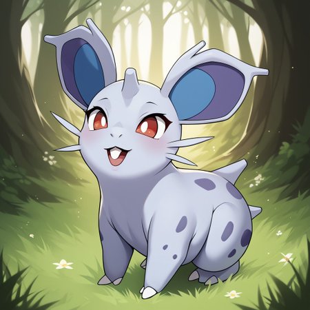 score_8_up, score_7_up, score_6_up, source_anime,, rating_explicit, BREAK solo,  mouth, ,smile , ,female, ,cute,anthro, ,,,cute ,cute head,,(creature),,,  , , , ,,cute,,mouth,,,forest,tree, ,mustache, , rabbit tooth, , nidoran,freal,