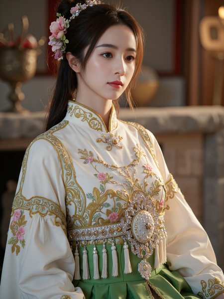 This is a high-resolution photograph of a young Asian woman in traditional Chinese attire, likely from the Ming dynasty. She has a fair complexion and her black hair is elegantly styled with a floral hairpiece. Her attire features a vibrant green skirt with intricate patterns and a cream-colored top adorned with floral embroidery. She wears a decorative belt with ornate tassels and a large, detailed brooch. The background is softly blurred, highlighting her as the focal point. The lighting is soft and warm, creating a serene and regal atmosphere. The composition follows the rule of thirds, with her face positioned in the upper right third of the frame.