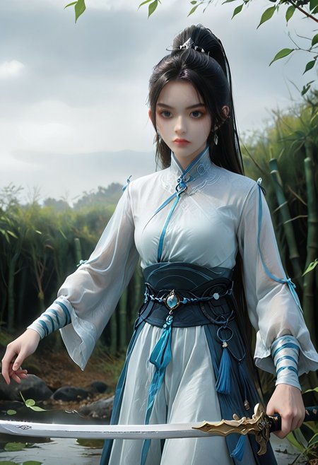 wuxia, ningyao, 1girl, solo, dress, long sleeve, earrings, medium breasts, hair ornament, black hair, closed mouth, expressionless, jewelry,(ponytail:1.1),long hair, (pale skin:1.5),(realistic skin:1.3),(white skin:1.3) A swords girl, An Asian woman with long black hair, dressed in a silky black ancient style complex, long sleeves, like a female immortal, light-colored lips,  full of high-end, frontal shot, artistic sense, high-end sense, , advanced photo, advanced tone filter, blurred, artistic scenery, wielding a long white sword. She holds the hilt with her right hand, facing the camera, her light blue fairy immortal Hanfu, white magic sword, long sword, the sword surface is sharp and flat, flying on the water, bamboo leaves floating in the air,lighting on sky , solo, high ponytail, digital art. ((light blue to white gradient background)),