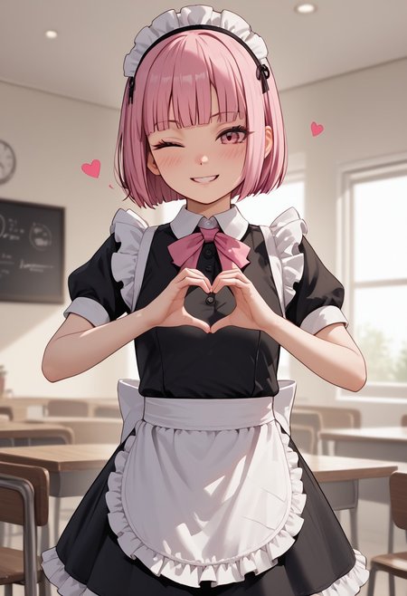 score_4,score_5,score_6,score_7_up,score_8_up,score_9 ((masterpiece,best quality,ultra detailed,highres,HD,4k:1.2)), 
1girl, solo,solo focus,girl focus,face focus,
short hair,pink hair,blunt bangs,sidelocks,pink eyes,
Maid outfit,Sleeveless, maid headband, frilly apron,Short sleeves, short skirt, thighs,
inside the cafe, ((Make a heart symbol with both hands, heart with both hands,heart hands,heart symbol,heart,heart effect,)), 
blush,blush,shy,smile,((wink,closed one eye)),