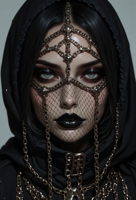 analog film photo A mesmerizing portrait capturing the essence of timeless beauty Photorealistic portrait of a stunning woman with a delicate,partially obscured face . Her deep, smoky eyes are accentuated by bold, dark kohl eyeliner and dramatic eyeshadow, giving her an intense, mesmerizing gaze. her face is obscured a fish net style face veil ,Face Veil w<lora:FluxMythAn1meL1nes:1> An1meL1nes,