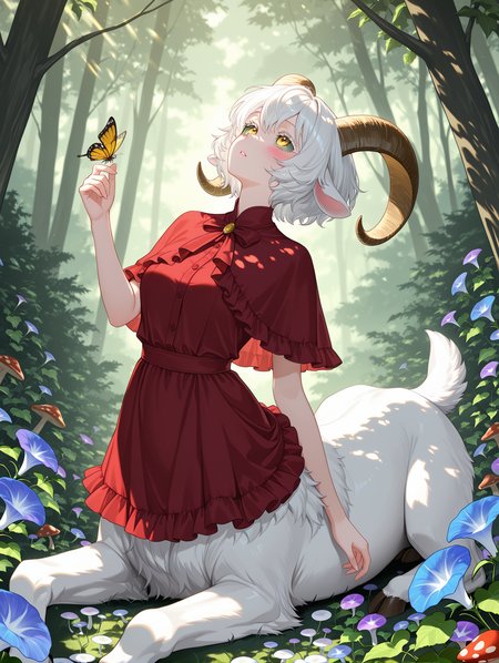 by [diyokama|say hana|lam], 1girl, solo, monster girl, taur, centauroid, goat girl, goat horns, large horns, side animal ears, fluffy mane, goat body, red capelet, red dress, short dress, frills, colored sclera, green sclera, yellow eyes, white eyelashes, white hair, short hair,  head back, parted lips, blush, forest, mushrooms, flower field, butterflies, morning glory, dappled light, tree shade, looking up, butterfly on hand, hand raised,
,masterpiece,best quality,amazing quality,
