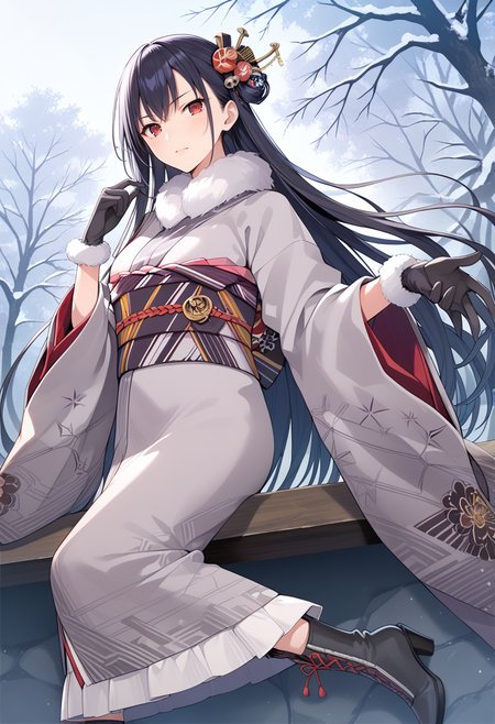 on horse, <lora:KC_05BB_nagato_kai2_pony:0.7> red eyes, long hair, black hair, kanzashi, nagatoharegi-kc, kimono, grey kimono, print kimono, fur-trimmed kimono, furisode, fur collar, long sleeves, gloves, black gloves, fur-trimmed gloves, sash, obi, black footwear, boots,, score_9,score_8_up, score_7_up, source_anime, masterpiece, best quality,  official art, official style, game cg, megami magazine, rating_safe, rating_questionable, <lora:Fixhands_anime_bdsqlsz_V1:0.75>,
