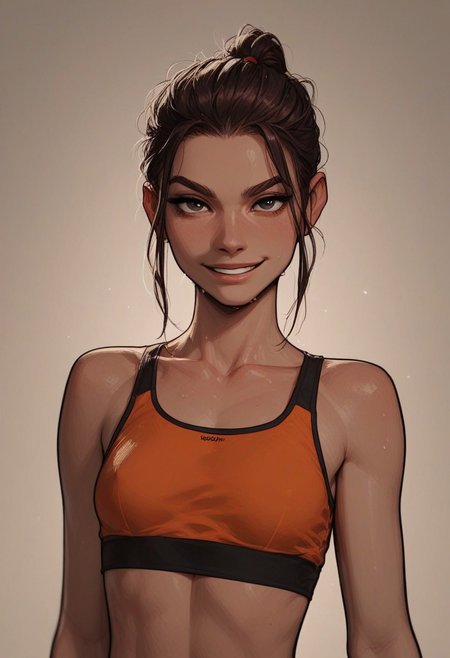 (score_9, score_8_up, score_7_up). ( line work, excellent drawing, highest quality, extremely detailed:1.2). 1girl, 20 years old, perfect face, adult face, solid black eyes, long lashes, short ponytail, dyed hair, soft skin, nympho, relaxed, confident posture, assertive, smirk, sweaty, shiny look, petite, athletic body, statuesque, fit, v line, gym girl, activewear, crop top, no bra, perky, g0thicPXL, romantic, cinematic lighting, volumetric lighting, source_cartoon, dynamic angle, cowboy shot, medium distance