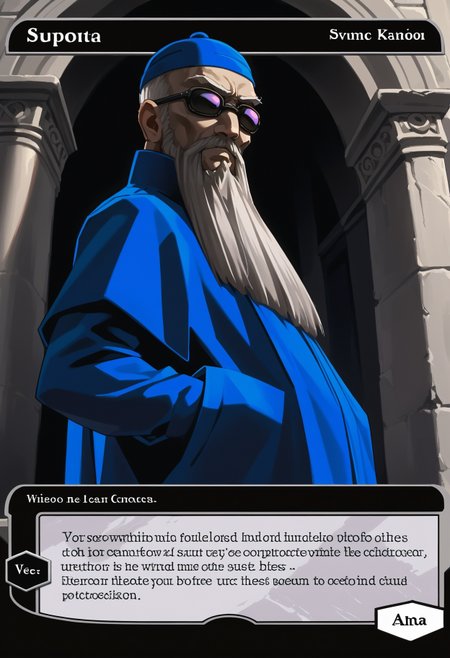 c4rd,english text,character name,
from side, looking at viewer, from below, hands in pockets, 
midosmt, grey hair, grey beard, facial hair, old man, blue hat, sunglasses, blue robe
score_9,score_8_up,score_7_up, source_anime,
 <lora:MTG_card_v2:1>   <lora:zs_MidoXL:1>