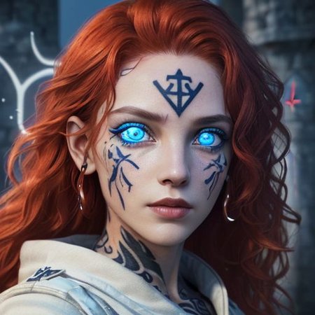 bright red hair, human female, (feminine:1.7), (beautiful face, detailed face:1.6), (beautiful eyes, detailed eyes:1.7), (looking at viewer, eye contact, intense:1.6), (long hair, red hair, curly hair:1.3), , ((masterpiece, best quality, high resolution, realistic, best quality,)), photo realistic, Perfect Face, (detailed face). <lora:GoodHands-vanilla:0.6> <lora:add-detail-xl:0.8>, mage, (Dress White military uniform coat), dagger, rune dagger, glowing runes, , (((glowing magic symbols tattoos, religious tattoos))), ((face tattoos)), glowing tattoos, stone tower in the background