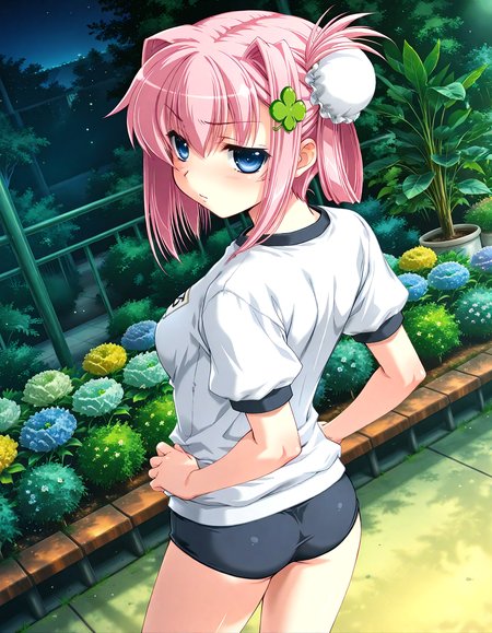 (1girl, solo:1.3), (2girls, 3girls, 4girls, multiple girls, 2boys, 3boys, 4boys, multiple boys:-1.5) <lora:Ainame_Chisato_Hachukano_Illustrious:0.9>, Ainame Chisato, medium breasts, blue eyes, pink hair, short hair, bangs, hair intakes, hair between eyes, sidelocks, bun cover, single hair bun, hair bun, four-leaf clover hair ornament, clover hair ornament, hair ornament, gym shirt, black buruma, (pout:0.7), (half-closed eyes:0.7), general, contrapposto, dynamic pose, hands on own hips, portrait, from behind, from above, dutch angle, indoors, conservatory, plant garden, (green theme:1.1), plant, potted plant, flower, (perspective:0.7), <lora:NOOB_EPSv1_1_detailer_by_vlnvk_v1_0:1.5>, (photo background:0.7), night, (tachibana yuu:0.6), inue shinsuke, (kazuma muramasa:0.0), saikawa yusa, (aoi manabu:0.6), abarerumidori, (suzui narumi:0.6), masterpiece, newest, absurdres, 8K, anime screenshot, anime coloring, flat color, official art, film grain, <lora:illustriousXLv01_stabilizer_v1.185c:0.7>, <lora:LECO_Solo:-4.0>,