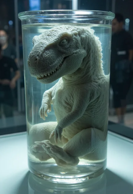 photograph of wet sample of a t-rex embryo in a beaker of clear liquid, looking very fresh, floating in fetal position. Tender transparent skin grey scales, large head, small torso, very small claws, milky eyes, very detailed, creepy atmosphere, harsh bright light in a modern hi-teck laboratory <lora:wet_sample-000129:1>