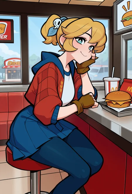 masterpiece, best quality, amazing quality,,<lora:cadence_illustrious_byJaneB:1>,1igrl. solo, c4dence,
red jacket, blue skirt, pantyhose, white shirt,  fingerless gloves, sitting on a counter, fast food, diner, smile