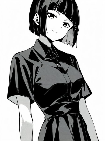 score_9, score_8_up, score_7_up,  
1girl, black hair, blunt bangs, bob cut, medium hair, medium breasts,
monochrome,
standing, white background, smile, closed mouth, black dress, collared dress, short sleeves, looking at viewer,

