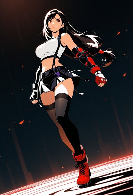Tifa Lockhart, thigh-high stockings, dynamic image, masterpiece, highly detailed, directional lighting, abstract background, high contrast