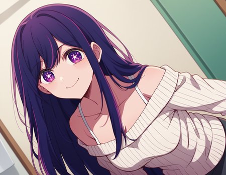 score_9, score_8_up, score_7_up, source_anime,
aihoshino, <lora:ai-hoshino-s1-ponyxl-lora-nochekaiser:1>,
ai hoshino, long hair, bangs, purple eyes, purple hair, symbol-shaped pupils,
long sleeves, sweater, ribbed sweater, camisole, white camisole,
indoors, smile, bent over,
looking at viewer, cowboy shot, dutch angle, solo,