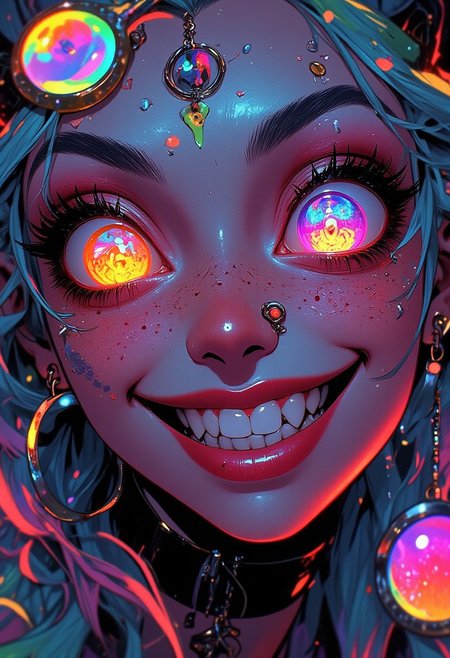 A rainbow-haired time sorceress smirks, her face distorted in a **kaleidoscopic reflection of her own shattered hourglass.** One eye is locked in the present, glowing gold, while the other flashes deep violet, showing glimpses of alternate realities. Her neon-dipped lips curl into an enigmatic smile, her nose ring hovering slightly as if detached from time itself. The Dutch-angled, warped shot is like looking into a funhouse mirror, where every fragment tells a different version of her fate. The frame is **glitching at the edges, breaking time and space.**    ImHigh, CreeepyCuteMagic