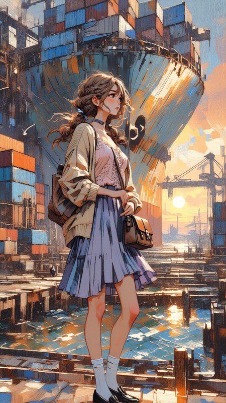 modern impressionism, expressive brushstrokes, vibrant color contrasts, atmospheric lighting. A young woman stands at the edge of a bustling harbor, her delicate figure framed by the towering steel hull of a colossal container ship behind her. The air carries the scent of saltwater and rust, mingling with the distant hum of machinery and the occasional call of seagulls. The industrial structures rise around herâstacks of multicolored shipping containers forming a vibrant mosaic of reds, blues, and yellows, their surfaces reflecting the golden glow of the setting sun.  
She is small against the vast scale of the harbor, yet her presence is radiant. Her soft, pastel-colored outfit contrasts playfully with the rough metallic world around her. A frilly, light pink blouse with delicate lace trim peeks from beneath an oversized cardigan in warm beige, loosely draped over her shoulders. A high-waisted pleated skirt in soft lavender flutters in the cool sea breeze, brushing against her bare thighs. White knee-high socks add a touch of innocence, paired with polished black loafers that gleam faintly under the golden light.  
Her chestnut-brown hair, styled in loose twin braids with wisps framing her face, catches the sunlight, creating warm, auburn highlights. A small ribbon is tied at the end of each braid, swaying gently with the wind. Her expression is dreamy, her large, bright eyes gazing out over the endless expanse of the ocean, reflecting the shimmering hues of sky and water. One hand clutches the strap of her small leather satchel, while the other lifts slightly as if reaching out to feel the breeze.  
The world around her is captured in bold, painterly strokesârippling reflections dance on the water, thick impasto-style highlights glisten along the steel curves of the shipâs hull, and blurred silhouettes of distant dockworkers move like shadowy figures in the golden haze. The industrial harshness of the scene is softened by the luminous warmth of the evening sun, casting a soft, ethereal glow over the entire composition.  
Despite the vastness of her surroundings, she seems perfectly at easeâa gentle contrast against the rigid lines of metal and machinery, as if she exists in her own quiet moment amidst the constant movement of the harbor.   <lora:Illustration_Style_IV:0.6> <lora:Digital_Impressionist_Flux:0.9>