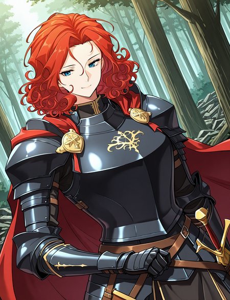 <lora:Alicia_Termina_Magentano__The_Greatest_Estate_Designer:1>
1 girl, solo, red hair, blue eyes, medium hair, curly hair
armor, red cape, black shoulder armor, black pauldrons, black gauntlets, black breastplate,  sheath, sword
score_9, score_8_up, score_7_up, very aesthetic, source_anime, detailed, high quality, beautiful, masterpiece, detailed eyes, forest, tree, ruins, cowboy shot, dynamic angle, upper body, light smile, dynamic pose