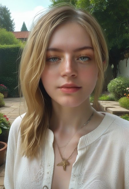 score_9, score_8_up, score_7_up, andrea, solo, 1girl, (tight shirt), braless, breasts apart, small breasts, garden, outdoors, choker rev_mia
bela, 1girl,  blonde hair, , jewelry, long hair, necklace, , looking at viewer