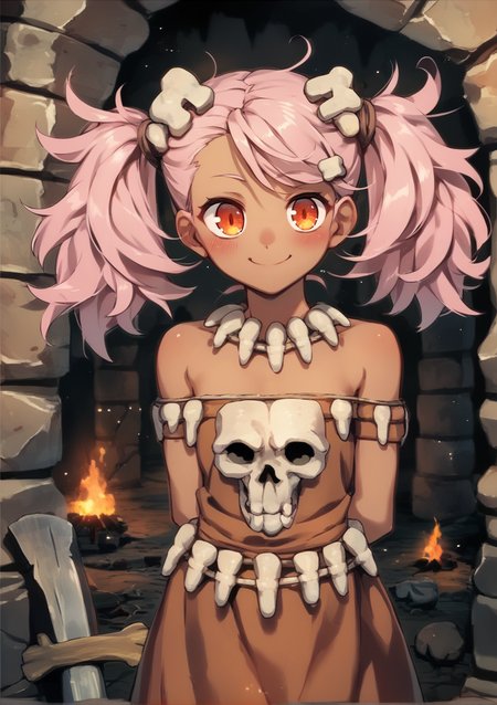1girl, solo, dark skin, evil, evil smile, reaching viewer, orange eyes, pink hair, messy hair, twintails, hands behind back, closing to the viewer, cavewoman, fur, bone hair ornament, jewelry prehistoric, evil smile, closed mouth, blush, indoors, cave, bonfire  <lora:Hiroyama Hiroshi:1>, score_9, score_8_up, score_7_up, score_6_up, score_5_up, score_4_up, BREAK source_anime, masterpiece