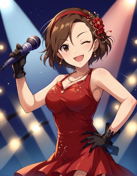 score_9,score_8_up,score_7_up,1girl,solo,cowboy shot,looking at viewer,smile,wink,open mouth,holding microphone,hand on hip,stage lights,
<lora:mizukiseira_ponyXLV6:0.8>,cgmsr,brown hair,short hair,brown eyes,
red hairband,hair ornament,necklace,red dress,long black gloves