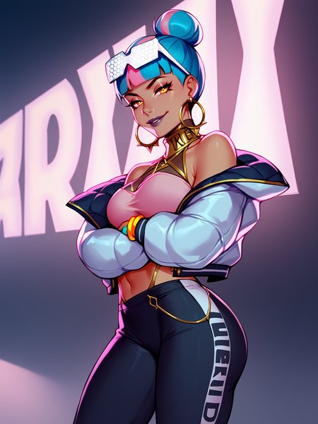 score_9, score_8_up, score_7_up, BREAK, Qiyana True Damage, 1girl, solo, single hair bun, blue and pink hair, glasses, multicolored hair, golden collar, halterneck, pink bra, bare shoulders, white jacket, black leggings, jewelry, blue boots, staying, crossed arms under breast, smirk, neon lights, syntvawe, sci-fi city background, night, <lora:QiyanaTD:1>