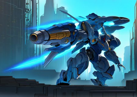 sfw, masterpiece, best quality,absurderes,no humans,arm cannon,dorugoramon mecha,thrusters,solo,robot focus,outdoors,city,cyberpunk 2077  <lora:DorugoramonIllustrious:0.9>