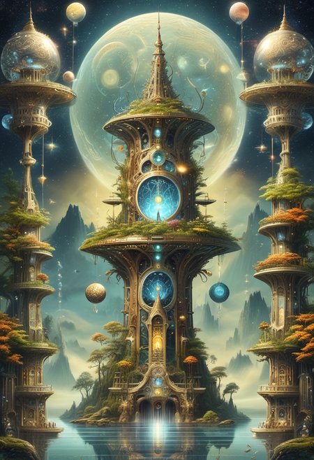an intricate tower, biomorphic mythical serpent wrapped around tower, (negative space, layer, sigils). orbs and moons, holographic astral keys, tetrahedral trees, (three planes),  stack, flower tiles, OverallDetail, DonMX3n0T3chXL