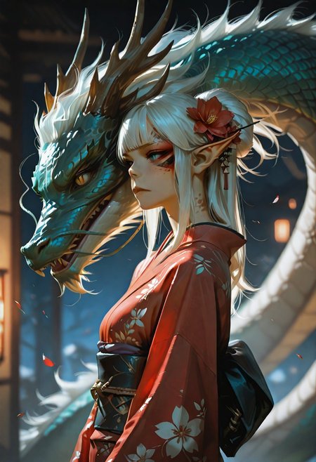 masterpiece, ultra-HD, cinematic lighting, photorealistic, impressionism (1.5), high detail, depth of field, (blurred background), (dramatic lighting),masterpiece, best quality, very aesthetic,8k, lae'zel, 1girl, gith (d&d), slit pupils, yellow eyes, facial mark , pointy ears, Dragon and girl, 1girl, dragon, japanese clothes, kimono, white hair, hair ornament, eastern dragon, blue eyes, red kimono, hair flower, hair bun, flower, sash, long sleeves, wide sleeves, obi, solo, petals, bangs, from side, floral print, single hair bun, closed mouth, sidelocks, long hair, red eyes, 
masterpiece, best quality, amazing quality, usnr,