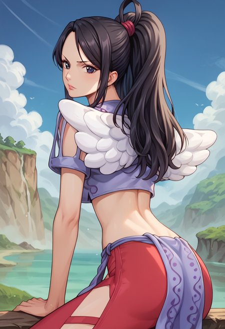score_9, score_8_up, score_7_up, score_6_up, score_5_up, score_4_up, 1girl, Laki, purple cropped jacket, red legwear, leg cutout, fringe trim, purple loincloth, wings, black hair, ponytail, sidelocks, hair knot, black eyes, looking at viewer, cute, from behind, clouds, detailed background, <lora:Laki_pony:1>