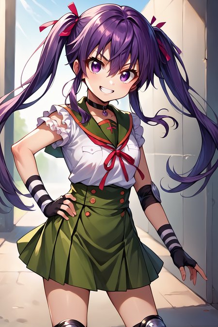 score_9, score_8_up, score_7_up, source_anime BREAK 1girl, solo, <lora:gakkou_kurumi:0.9>, gakkou_kurumi, school uniform, frilled sleeves, black striped gloves, fingerless gloves, green skirt, red ribbon, knee pad, choker, twintails, hair between eyes, purple hair, purple eyes, looking at you, grin, white teeth, hand on hip