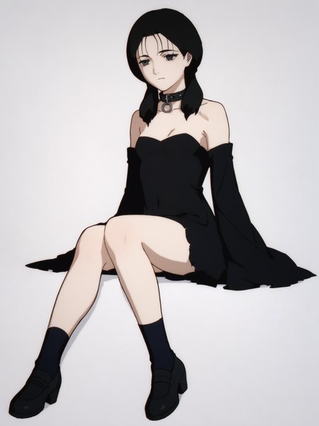 woman, 20 y/o, 20 year old, 20 year old woman, adult, score_9, score_8_up, score_7_up, score_6_up, score_5_up, BREAK masterpiece, high quality, white background, solo, <lora:Yomoda_Chisa_PDXLv1.1-e97:0.8> yomoda chisa, gothic, small breasts, black dress. white dot dress, full body, sitting, black footwear, black collar, death girl, strapless, long sleeves
