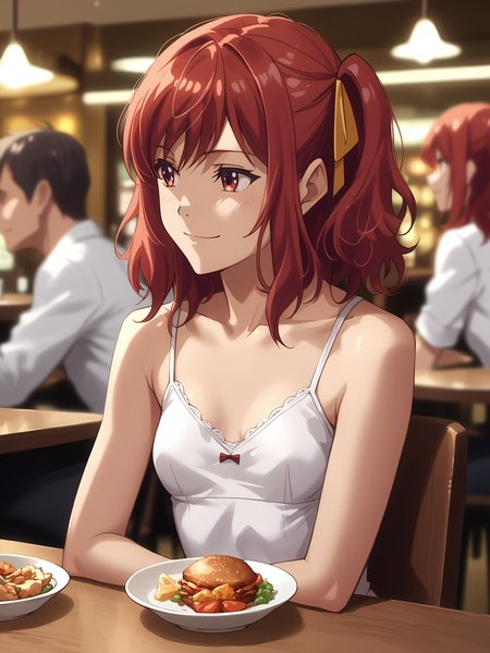 <lora:happy_tentacle-koimisa-v0.2-000022:1>, ht_koimisa, hair ribbon, small breasts, , cowboy shot, 1girl, (petite:1.2), solo focus, smile, , (looking away:1.1), indoors, restaurant, table, (people:1.2), on lap , , (depth of field:0.8), , [(realistic, photorealistic:1.2):(realistic:1.3):22], [(3d:1.2)::10], <lora:LUUNA's Lunas-NijiJourney-SDXL-B2:0.5>, nijijourney, <lora:prgfrg23's Counterfeit-V3.0 Style SDXL_LoRA_Pony Diffusion V6 XL:0.35> score_9, score_8_up, score_7_up, score_6_up, score_5_up, score_4_up,