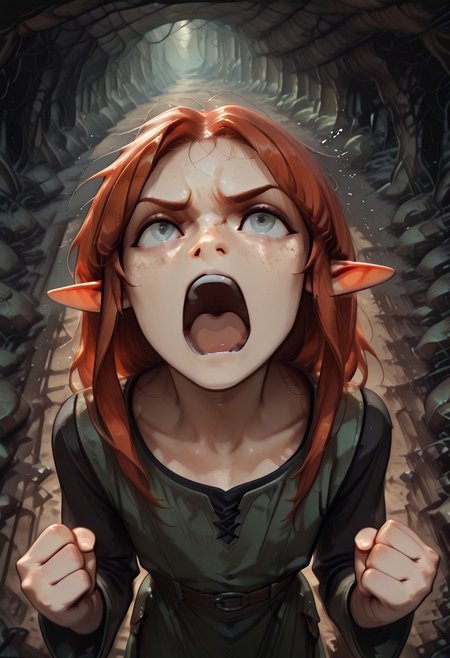 1person, solo, Lapanya, Malgha, freckles, pointy ears, Long-sleeve black shirt, green tunic,
Close up, looking upward, high angle, open mouth, shouting, frustrated, clenched fists,
Underground, organic cavern,
Masterpiece, high quality, highly detailed, perfect eyes,