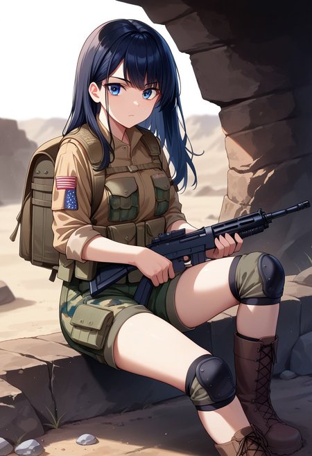 Score_9, Score_8_up, Score_7_up, source_anime, ratting_safe, best hand, good hand,
1woman, blue eyes, black hair, long hair, side bangs, 
brown soldier helmet, pistol, cargo vest, (((American soldier))), backpack, bag, knee pads, m4 carbine, disciplinary trigger, boots, camouflage, m4 carbine rifle.
in the desert, sitting on a rock, volumetric lighting