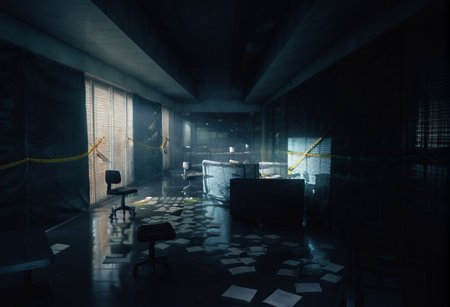 ,ruanyi0943,blinds,indoors,paper,yellow cordon,<lora:0943 Untitled_v1_pony:1>, score_9,score_8_up,score_7_up,,8k,1girl,solo,,