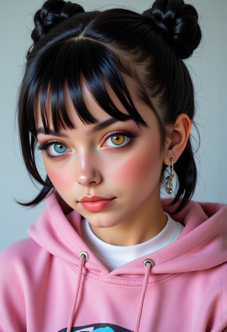 She is approximately 18 years old, she is smiling, Profile headshots, dynamic angles, she is looking at the camera, multiple angles,looking at camera, photoshoot poses;  she is standing. a photo of R@in, a young woman, with black hair. her right eye is yellow, her left eye is blue, and is wearing earrings., jewelry. retro50s_style, she is wearing a pink hoodie and a white shirt, She has a slight smile on her face and is looking directly at the camera. making this image a masterpiece of photography and digital art. realistic. making this image a masterpiece of photography and digital art. Style: realistic hyper-detailed rendering, 32k UHD, expressive eyes, punk, graphic design, girl's face, pretty and cute, gleaming lips, telling a tale of adventure. Exuding confidence and serenity. The overall mood of the image is happy and relaxed,detailed skin texture,(blush:0.2),(goosebumps:0.3),subsurface scattering,whimsical,Detailed hand, Perfect hand. Perfection style.,Niji style