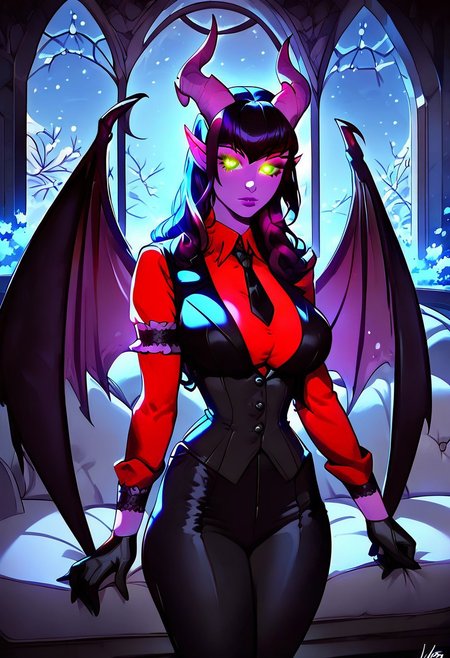 score_9, score_8_up, score_7_up, smooth style, 1girl, beautiful, purple tiefling, large breasts, large demon wings, perfect face, perfect eyes, sexy, beautiful eyes, perfect cute face, cute nose, Nose bridge, masterpiece, best quality, godrays, green pupils, glowing, glowing eyes, extra detailed, high res, indoors, couch, fireplace, night, window, snow, red shirt, black necktie, long sleeves, arm garter, black gloves, black vest, waistcoat, black pants,,